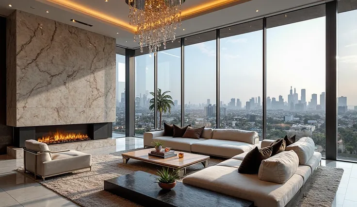 An extravagant living room in a billionaire’s mansion with floor-to-ceiling glass windows overlooking the Los Angeles skyline. The space is decorated with designer furniture, a marble fireplace, high ceilings, modern chandeliers, and sleek contemporary déc...