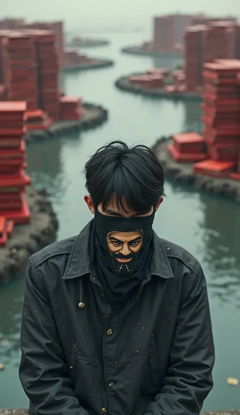 An 18-year-old Chinese  with a head down position has a black face mask with Osama in the background and the background is the shape of a river and books in red 