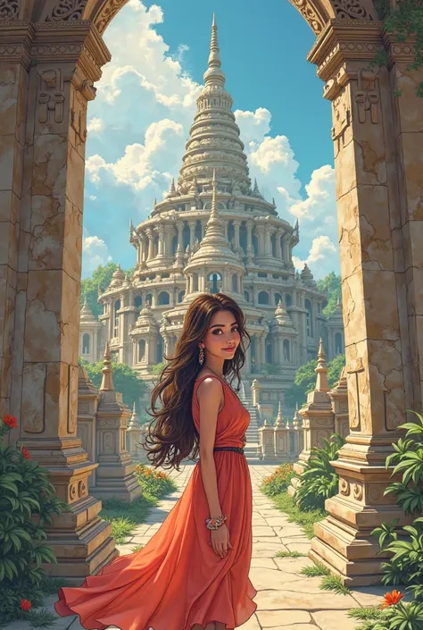 Make a comic cartoon featuring a beautiful young woman and behind a temple