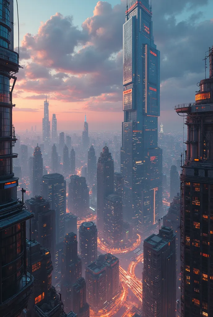 futuristic city with a futuristic skyscraper in the background, cyberpunk art inspired by Beeple, cg society contest winner, afrofuturism, dystopian cyberpunk city, like a scene from blade runner, aerial view of a cyberpunk city, futuristic cyberpunk scena...