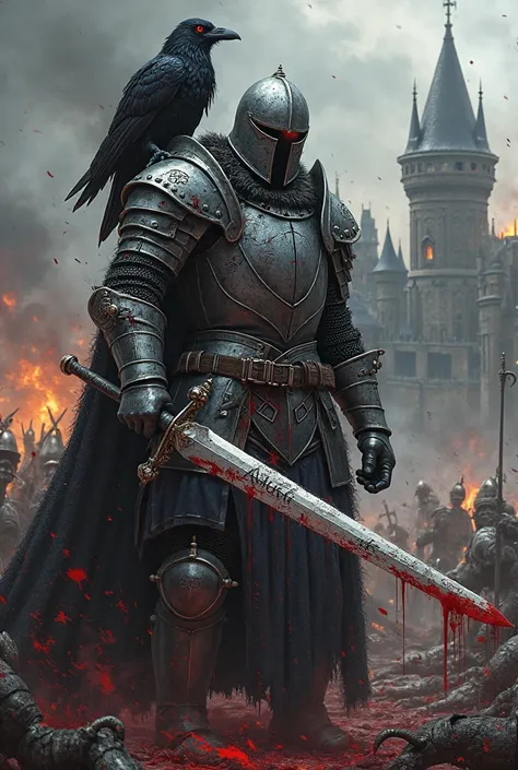 "A battle-hardened medieval knight in full damaged armor stands in a combat stance, holding a blood-stained sword with blood droplets falling to the ground. His armor is covered in scratches, dents, and blood marks. On his shoulder sits a raven with one gl...