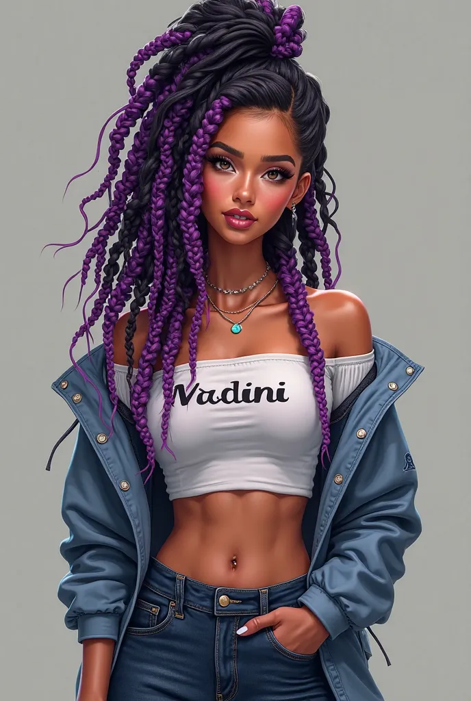 Latin woman with twist black and purple braids, wearing an off-shoulder top written Madini., dark blue denim jeans, and Nike sneakers, will look absolutely stylish.