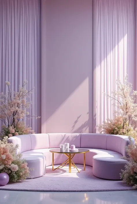 Create beautiful lounge hall for television program with light purple light green and beige flowers white flowers light purple mouse sofa set and glass with golden and flowers wrap table curtains 