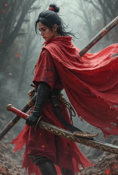 A young samurai dressed in red wielding a double-chained sword also gets a cape in this feature called devil mode