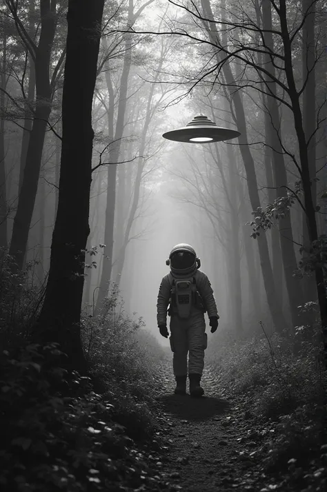 Black and white photo of astronaut in the woods, Ominous fantasy illustration, Strange art style, Dark surreal art, by Adam Bennaker, Spooky dark forest, Surreal illustration, Strange and nostalgic concept art, Spooky art, by Moore Than, UFOs in the woods,...