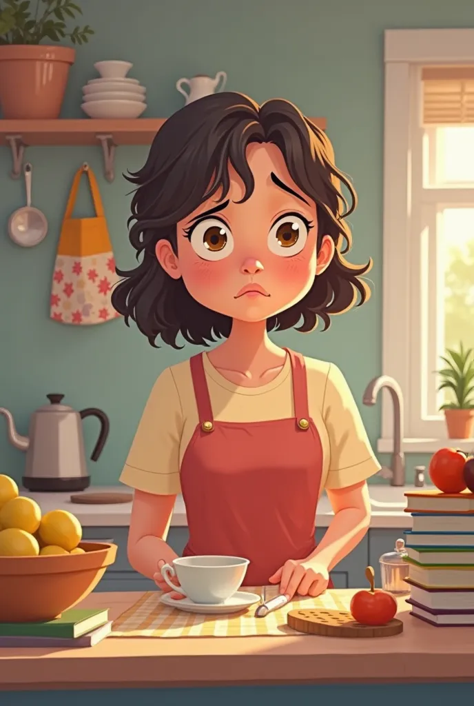 The mother in the kitchen looking confused like she is searching for something in cartoon style 