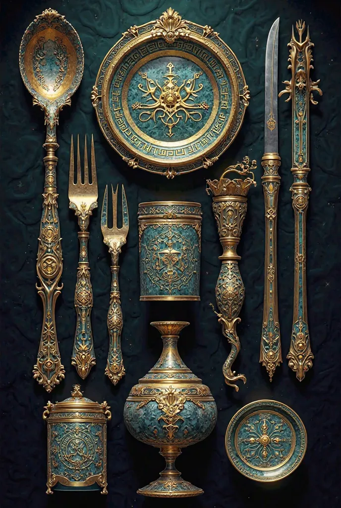 An arcane eating set with spoon, fork, plate, glass, jar, pan and sauce dispenser