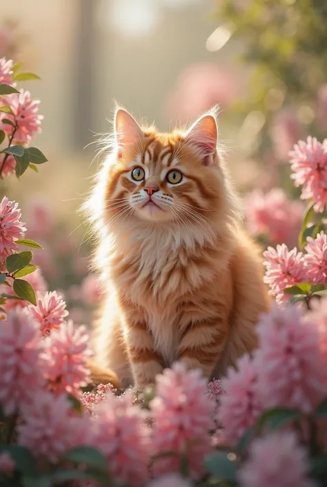 Golden British Longhair cat, A tiny nose, flowers elegantly pose with a royal posture, detailed with small ears and round cheeks. Eyes in amber tones, with deep and enchanting looks. catnin etrafı, ** pastel pink , in lilac and cream tones ( Peony , adds a...