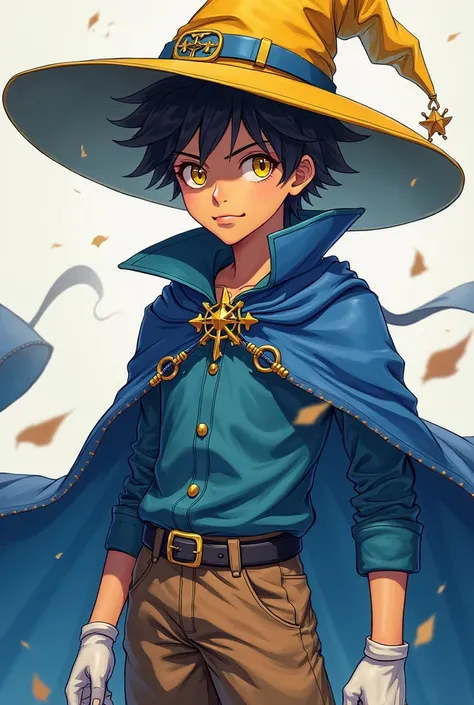 Draw a teenage boy, That he has yellow eyes , brown skin tone, blue clothes and cape, brown pants,  white gloves,  black shoes, and a yellow witch's hat, and anime style.