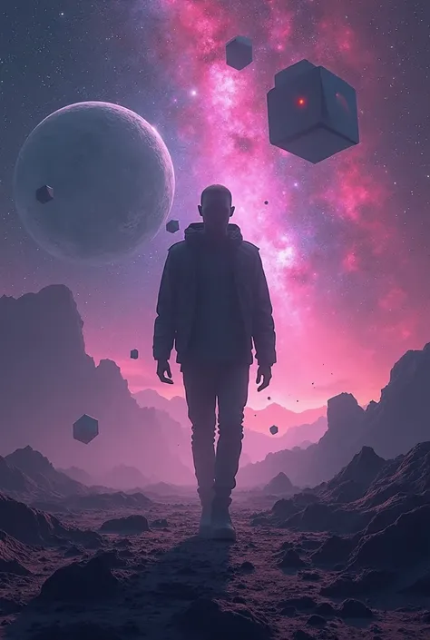  realistic futuristic image , the shadow of a totally black human, above your body you can see some stars shining. He is walking in space, In the background we have auroras, planets, BLACK HOLES, some flying cubes and geometric figures. The background has ...