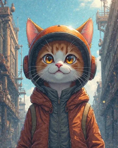 high resolution, solo, cat、 helmet in anime style、 has a factory in the background