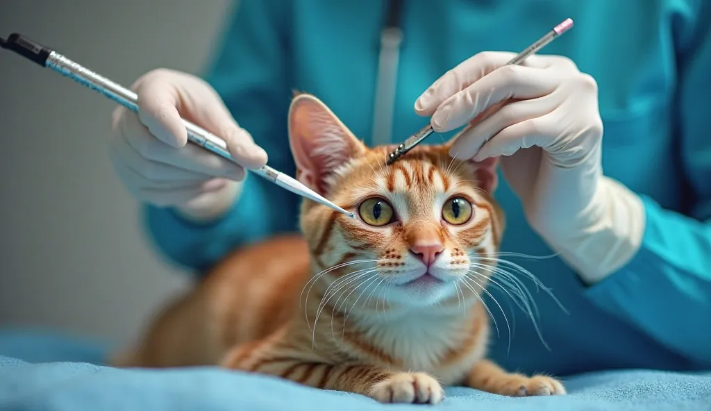 "Veterinarian taking samples from an injury to a cat, with gloves and surgical instruments. Hyper-realistic details of the hands and instruments.  Clear and clean background." Style: Close-up, clinical lighting.