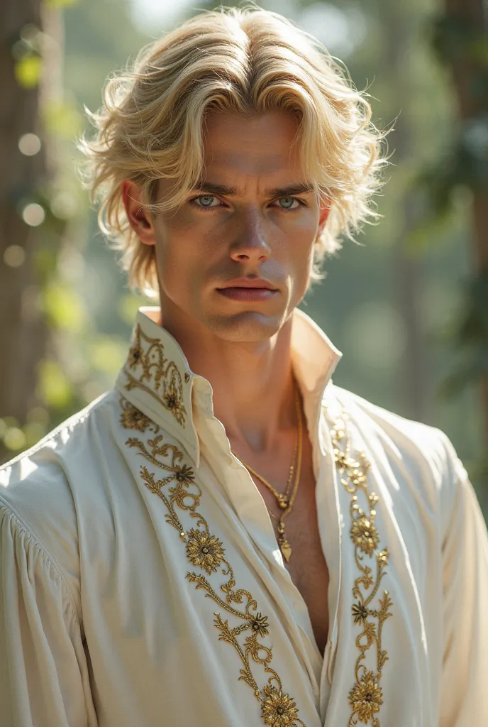 create the image of a young man with light blond hair and blue eyes, Human and wear white clothes with gold details. realistic and full body