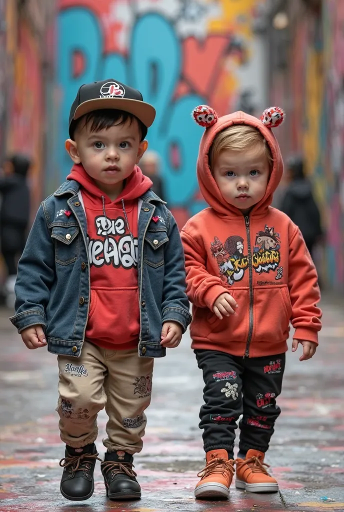 8K Ultra Quality - Two babies cute face in high-fashion streetwear outfits, walking on a hip-hop graffiti runway, with a stylish urban backdrop.