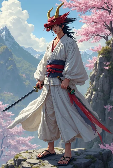 Man with White kimono dragon written on right arm sandals black hair red eyes 2 swords one red one blue black samurai hat with 2 horns red dragon mask with gold horns on a ledge of a mountain surrounded by Sakura trees 