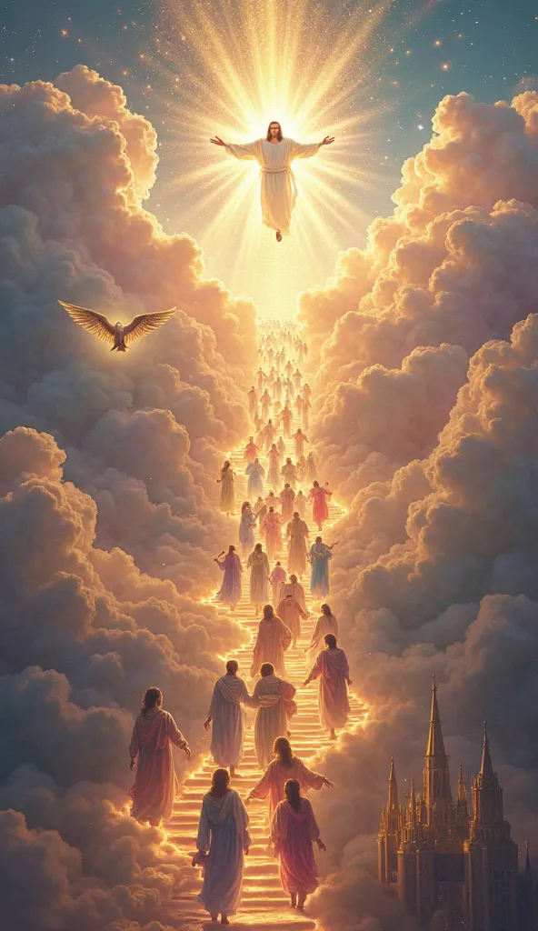 "A breathtaking celestial scene depicting the ascension into heaven. A radiant divine figure, resembling Jesus Christ, floats at the center, surrounded by an intense golden-white light that illuminates the entire sky. A magnificent staircase made of glowin...