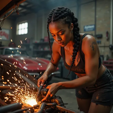  Hyperrealistic full body photograph, dynamic angle, captures a 30-year-old African-American woman, of stunning beauty , professional fitness model transformed into a powerful car mechanic. Your skin, of a radiant cinnamon shade, now covered in soot and sw...