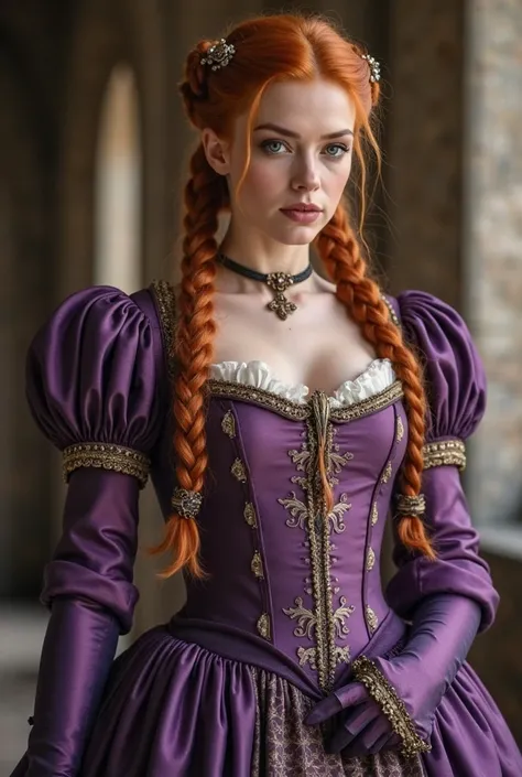 Tudor-era redheaded Daenerys wearing purple dress and gloves with braided hair 