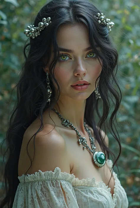 Name: Alexia

Age: 34 years

Physical Description 

Long hair, black as night, with wicks that reflect silver and lilac tones when light touches her.
Deep and mysterious eyes, of emerald green color, that they seem to see beyond the physical, touching soul...