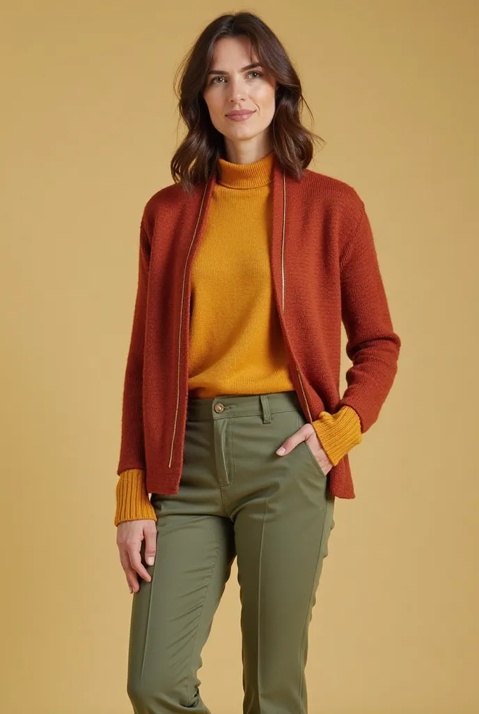 Women dressed in the following clothes and colors:  dress pants:  Soft olive green  (#6a7861)
Pastel yellow topper: Tomato sweater (#ff6347) — For a bold and vibrant look.
 add-on: Red brown cardigan (#86542f) — Adds depth and warmth to the outfit