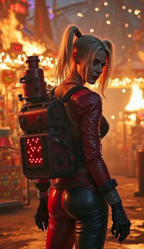 realistic image in high quality, Harley Quinn is wearing a flamethrower backpack, the flamethrower backpack has a gun attached, she is inside an amusement park, the park's toys are on fire, there are fires everywhere, the flamethrower is giant, the flameth...