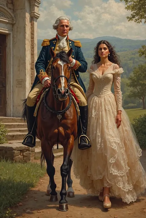 George Washington coming out of mount vernon, Virginia riding a horse and beautiful lady with him.