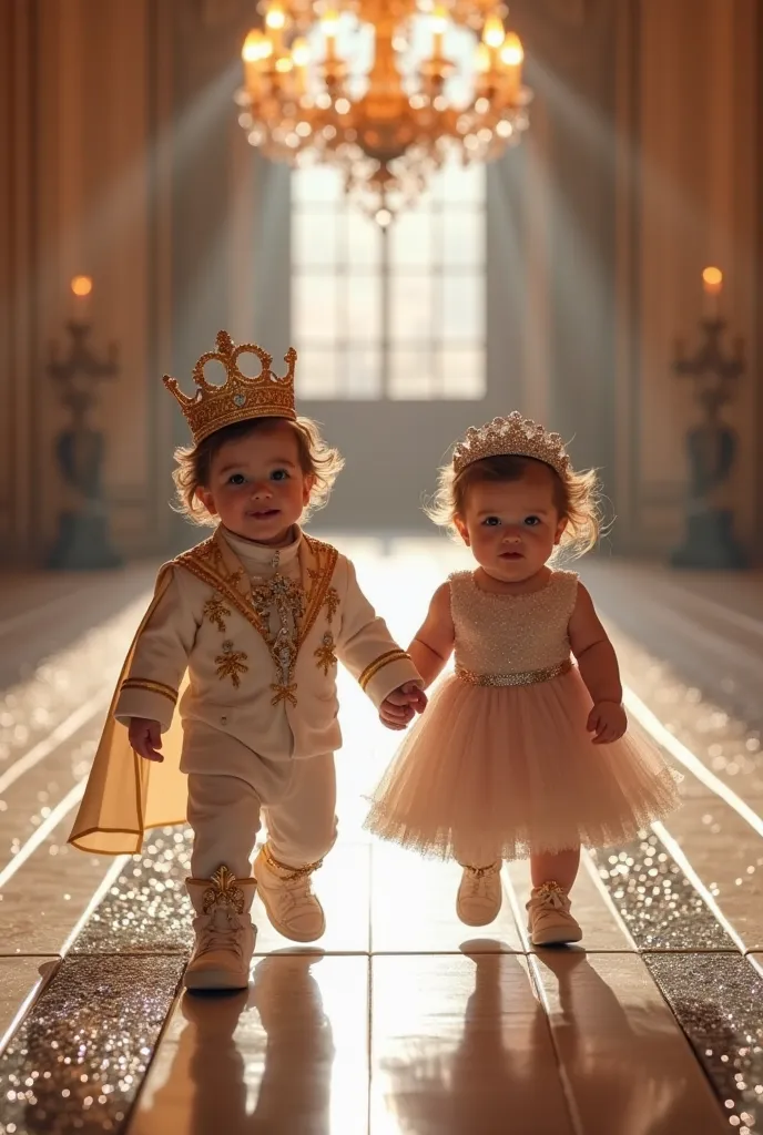 8K Ultra Quality - Two babies cute face in modern royal prince & princess outfits, walking on a diamond-studded castle runway, with chandeliers above.