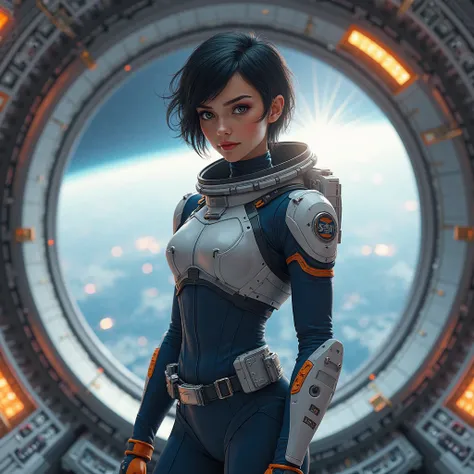 A young female astronaut in a futuristic space station, standing confidently in front of a large circular window overlooking a breathtaking view of space with a planet partially illuminated by the sun. She has short, slightly tousled black hair and sharp, ...