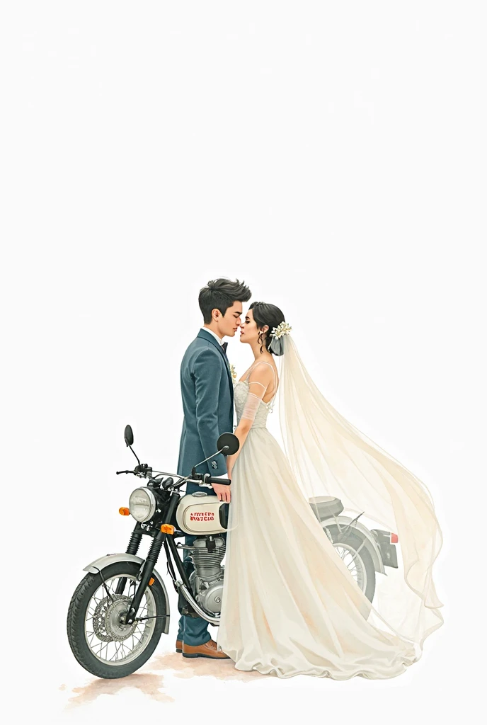 Christian bride with white saree and full vail without jewellery and groom in coat suit on royal enfield bike anime picture water colour based image white background 