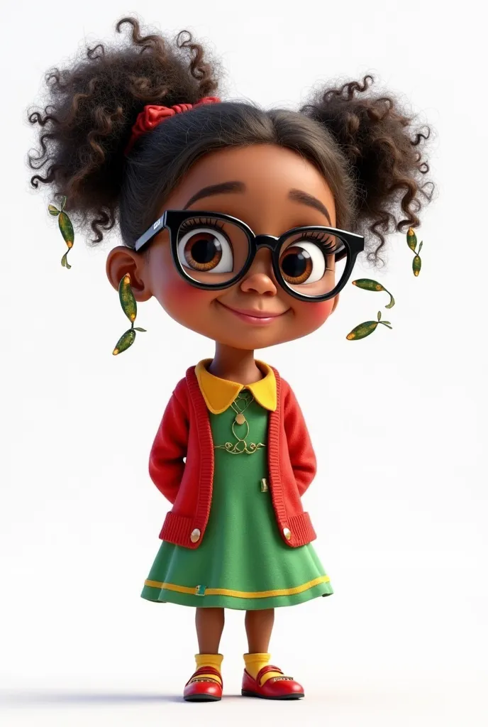  A  , with a charming smile, wearing a green dress with a yellow collar and a red cardigan. Your black glasses add a fun touch, while the hair sprinkles on each side highlight their Chiquinha inspired style. The sardines on the face add a special charm,she...