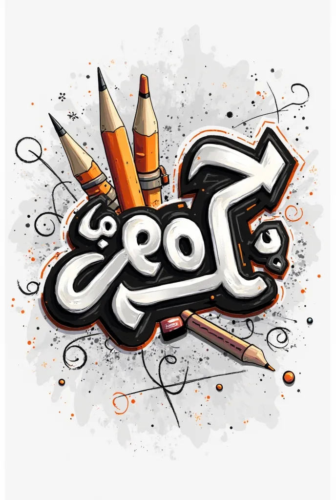 A graphic design featuring stylized Arabic calligraphy.  The text, which is the main subject, is rendered in a bold, dynamic font with a combination of black, white, and orange/rust colored outlines and fills. The text appears to be a phrase, possibly a mo...