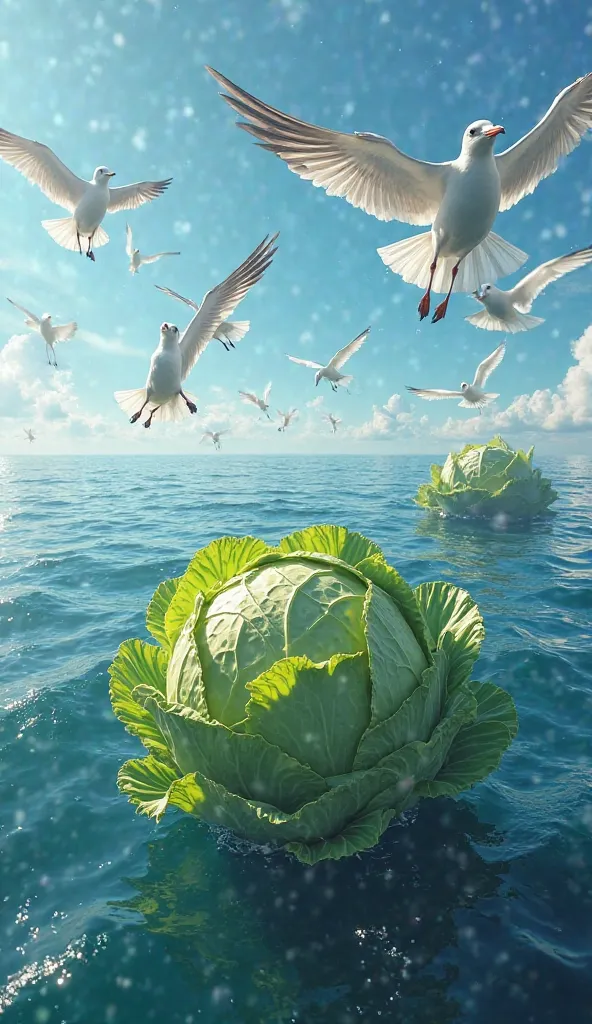 "A flock of seagulls diving for cabbages floating in the ocean, photorealistic style, vibrant colors, detailed textures"