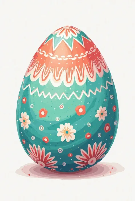 Create an enchanting illustration of a beautifully decorated Easter egg inspired by the vibrant colors and patterns reminiscent of whimsical bunny-themed designs. Picture an egg with a captivating blend of turquoise, coral, and white hues, adorned with int...