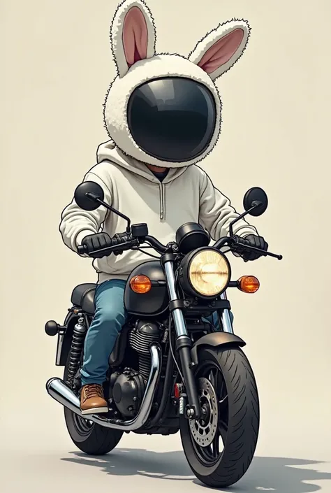 A motorcyclist in a cartoon wearing a white sweatshirt and wearing a plush helmet with a white rabbit cover with (la helmet hinge in black color)  motorcycle in black color model 250z, helmet hinge in black color