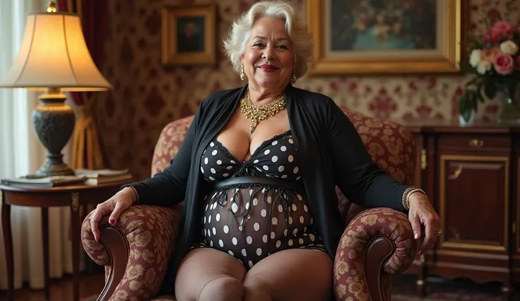 PHOTOGRAPH OF A BEAUTIFUL 70 YEAR OLD WOMAN, WITH A LOT OF ASS, Extra size,  very big and huge boobs,  WITH SILK SATIN SHINY POLKA DOT LINGERIE WITH TIGHTS AND GARTER BELT WITH BRACELETS AND NECKLACE, in a luxurious room,  Beautiful face and body ,  MORE O...