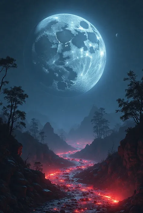 Image of a view of the moon with reddish flashes, shiny,  night, landscape