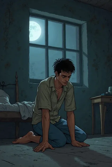 An animated/cartoon-style illustration of João, a 27-year-old man with short dark hair, a slim but strong physique, and wearing worn-out clothes. He is kneeling in prayer in a humble and dimly lit room. His expression is full of sadness and doubt, with tea...