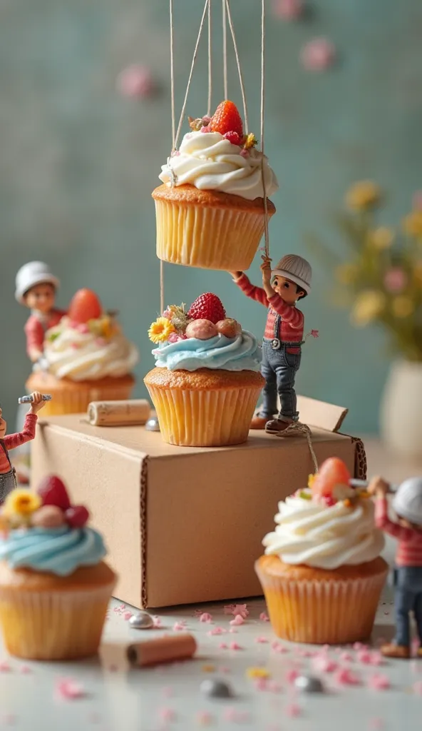 Hyper-realistic macro view of tiny chefs packing cupcakes into eco muf pastry giant boxes. Some operate several tiny taps, lowering huge cupcakes with protein cream entangled in slings into a box for muffins, ECO MUF cupcakes. The box is designed for 4 cak...