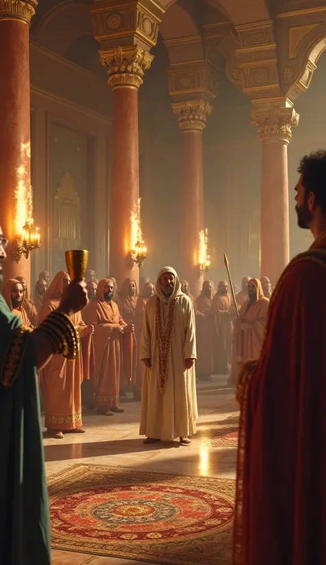  An ultra-realistic POV , capturing the vision of Solomon standing in his majestic palace in Jerusalem, around 950 a.c., welcoming the Queen of Sheba. Only your right hand holding a gold cup of refined wine is visible, slightly raised in a gesture of welco...