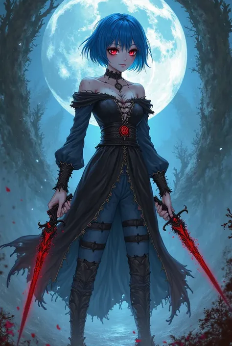 Vampire girl with blue short hair ,Necromancer has the magic power and has daggers in two hands (the color of the daggers is blood red and black)  draw a cool male anime character 