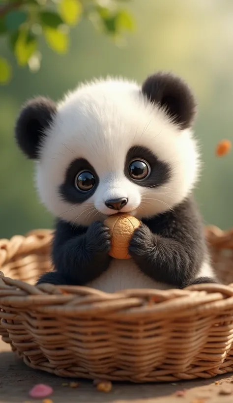 A cute baby panda with fluffy black-and-white fur sits in a woven basket. Its large, expressive eyes gaze with wonder and curiosity. The little panda gently holds a small nut in its paws, as if seeing it for the first time. The background is soft and blurr...