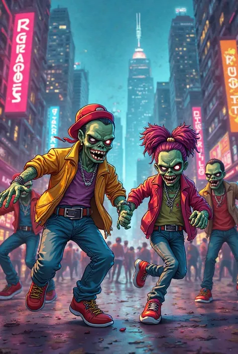 City cartoon with stylish, talking zombies, reggaeton