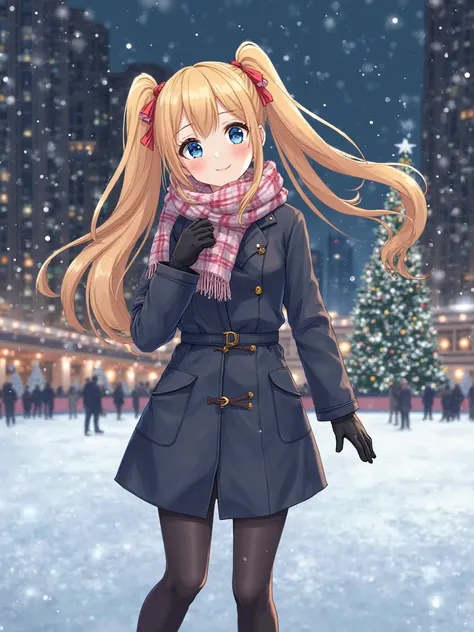 Anime woman Usagitsukino, long blond hair in two high ponytails with odangos, sky blue eyes, outerwear skating on the Rockefeller Center ice rink, New York City background at night, at Christmas. Animé style HD