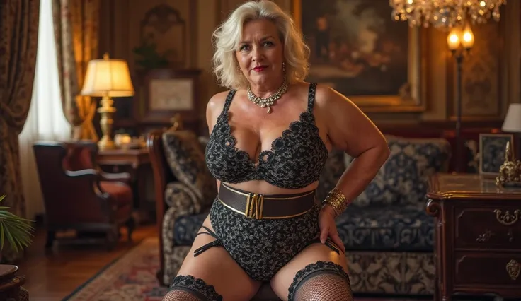 PHOTOGRAPH OF A BEAUTIFUL 70 YEAR OLD WOMAN, WITH A LOT OF ASS, Extra size,  very big and huge boobs,  WITH SILK SATIN SHINY POLKA DOT LINGERIE WITH TIGHTS AND GARTER BELT WITH BRACELETS AND NECKLACE, in a luxurious room,  Beautiful face and body ,  MORE O...