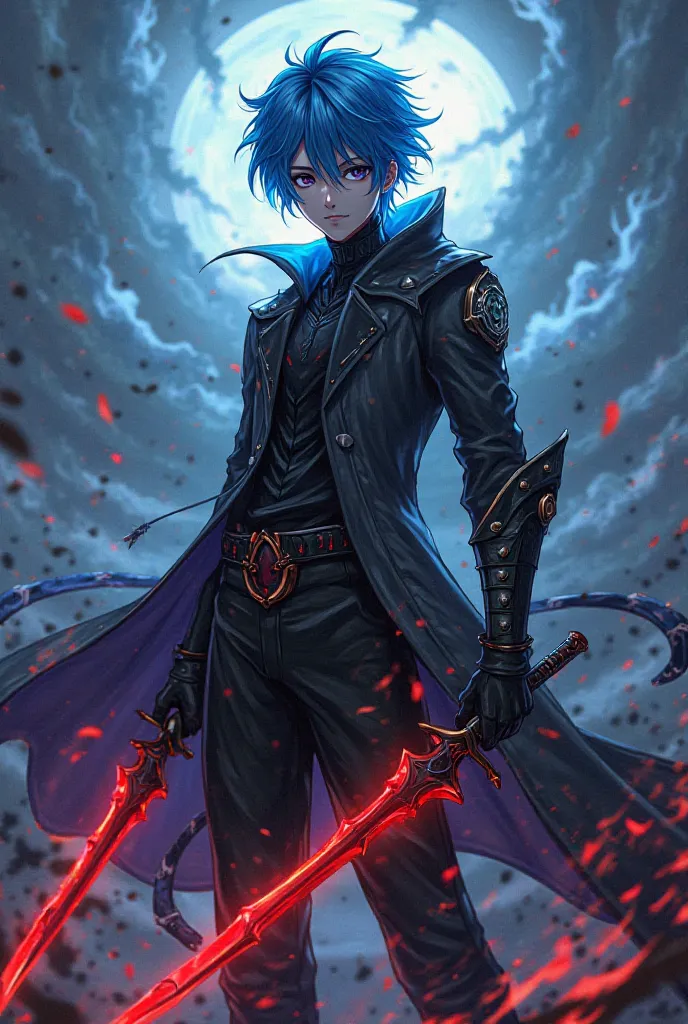 Male character with blue hair,Necromancer has the magic power and has daggers in two hands (the color of the daggers is blood red and black)  draw a cool male anime character 