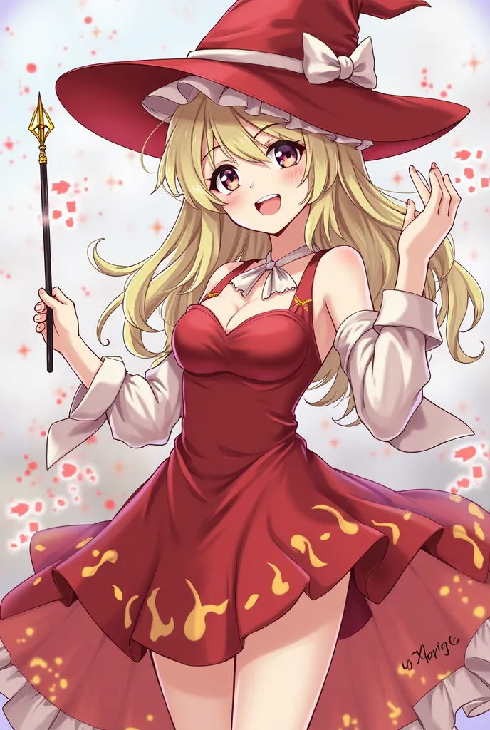 a woman in a red dress and a hat holding a wand, an anime drawing by Yang J, pixiv, fantasy art, ayaka genshin impact, flirty anime witch casting magic, splash art anime loli, cushart krenz key art feminine, artoria pendragon, , ayaka game genshin impact