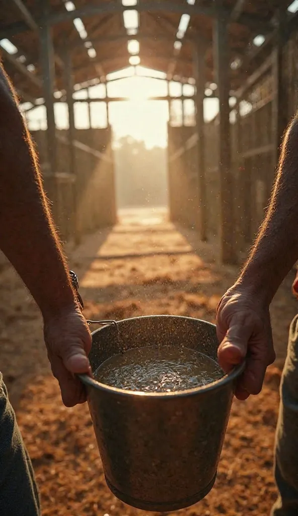 "A first-person view as hands hold a bucket of water, walking among animal enclosures. The smell of straw and damp wood fills the air. Lions grumble in the background as birds sing softly. Sunlight streams in through a crack, illuminating dust particles fl...