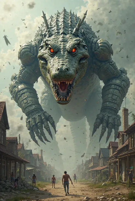 A heavily armed crocodile with an evil, robotic face attacking a small town and causing fear among the residents