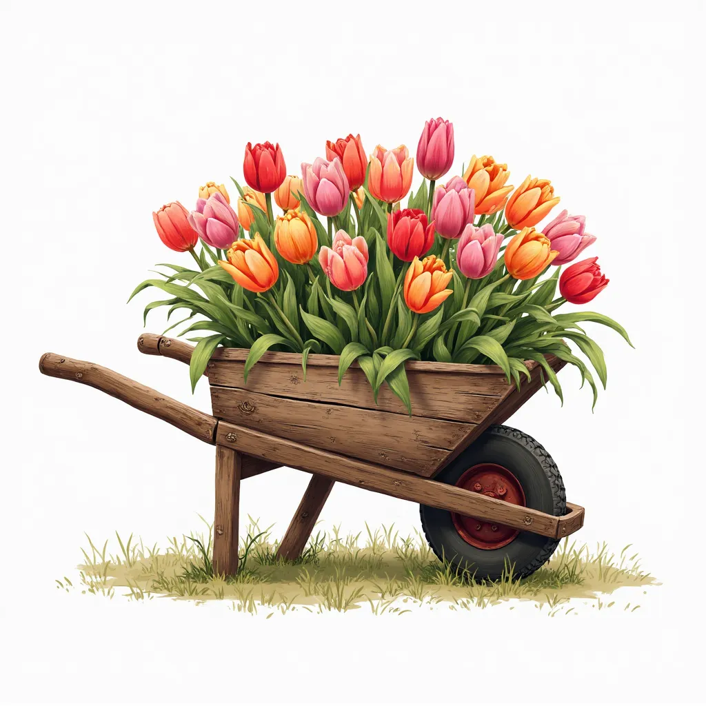 Cute Rustic wooden wheel barrow filled in Tulip flowers bouquet on white background, charming illustration, highly detaile,