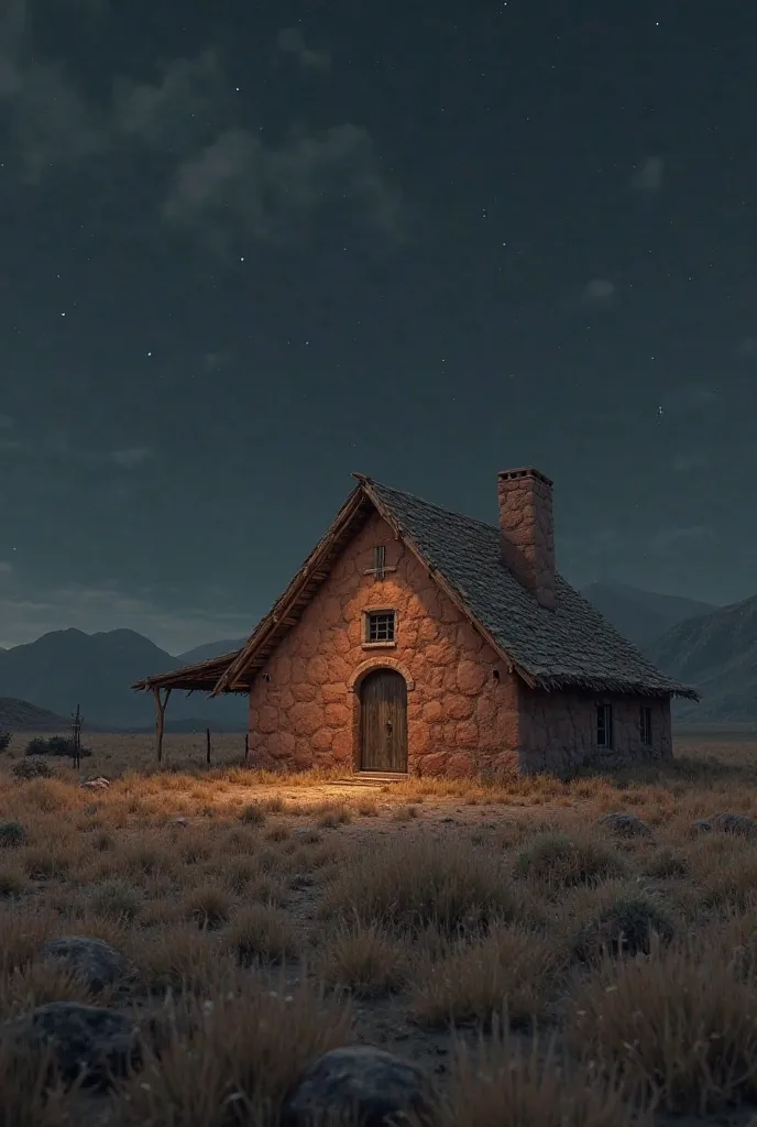 An old clay one-story house in an empty pasture surrounded by a clay wall in the night background